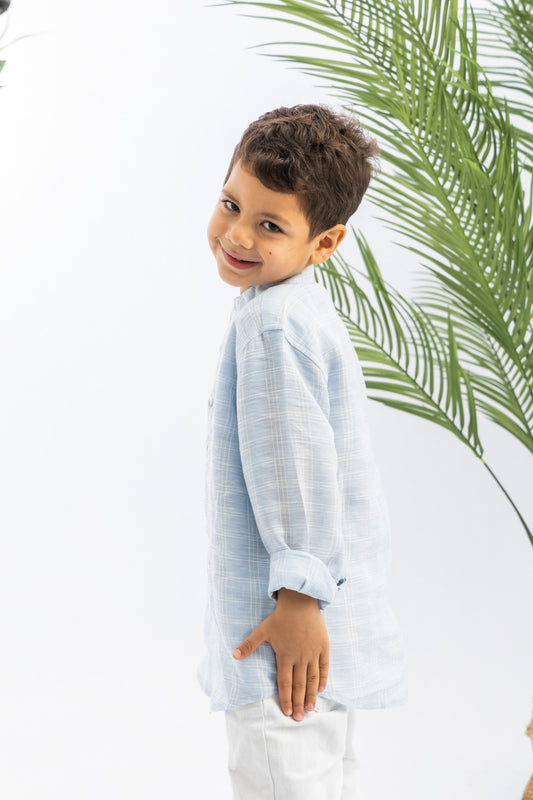 100% LINEN SHIRT(Boys) WITH STAND COLLAR-Baby Blue