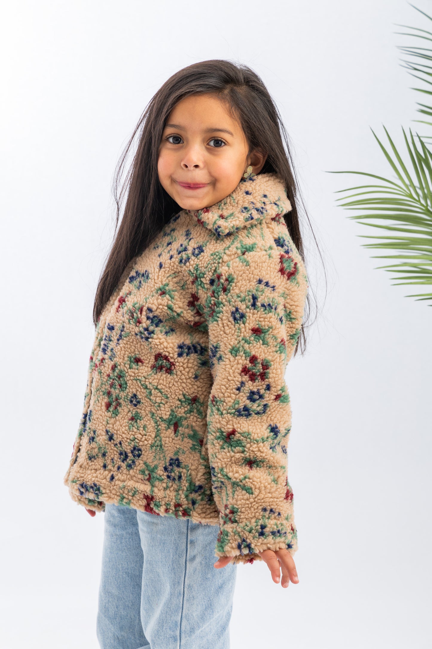 Floral Beig Girls Fur Jacket